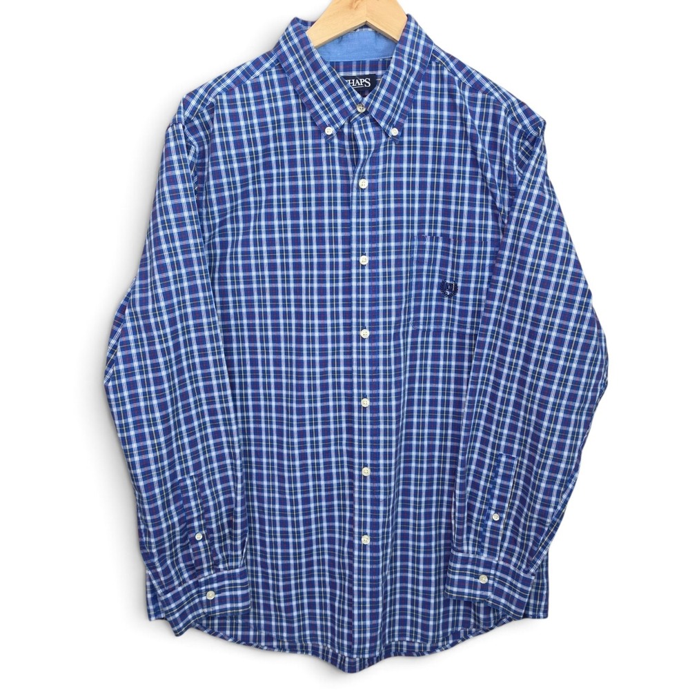 Chaps Shirt Mens Large Blue Plaid Button Down Easy Care Cotton Blend Casual